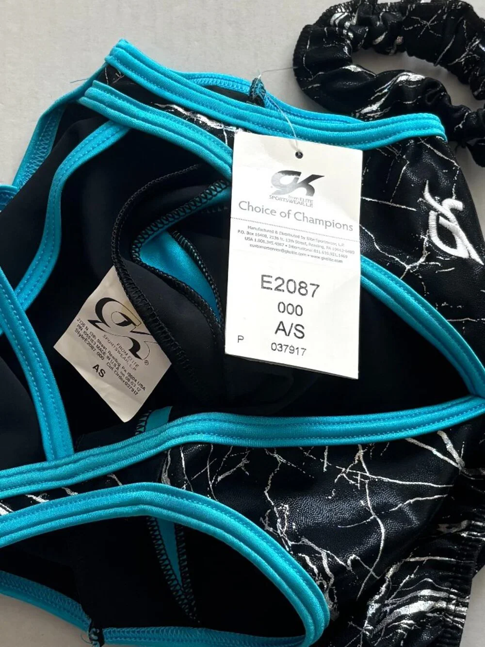 NWT GK Gymnastics Black/Blue Crackle Sleeveless Leotard with Scrunchie Size AS